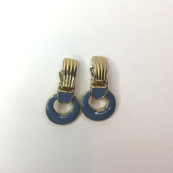 Vintage Gold and Blue Enamel Retro Clip on 80s Dangle Circle Round Earrings - Picture 2 of 3